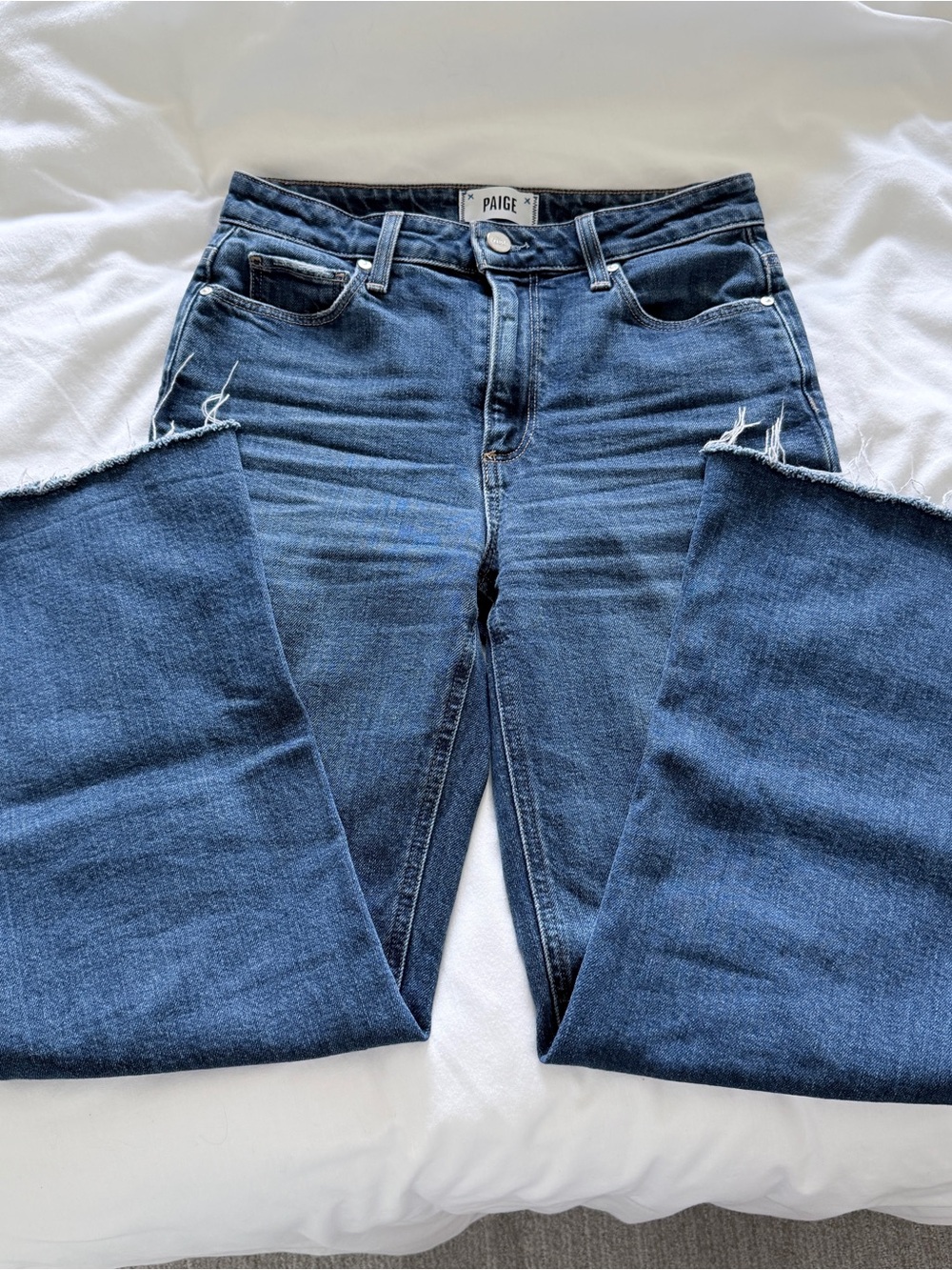 PAIGE High-Rise Raw Hem Jeans - Dark Blue Denim